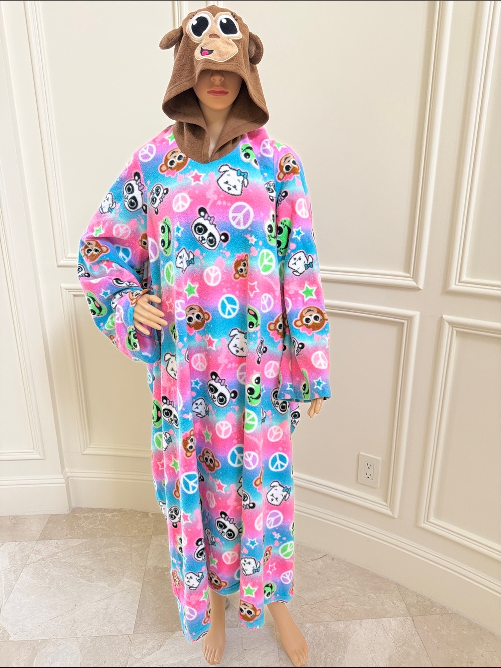 Kids Plush Hooded Pajama Gown - Pink & Blue Animal Print